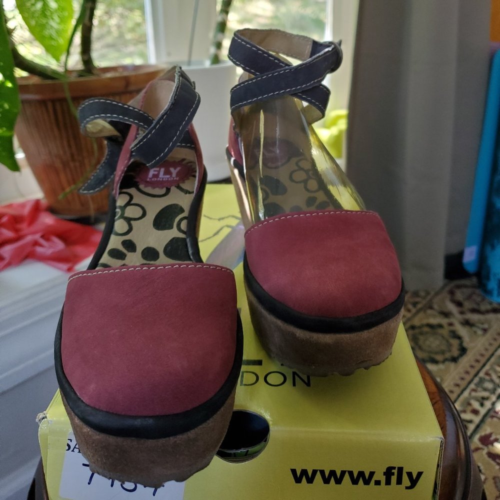 Fly London Burgundy and Black Wedges